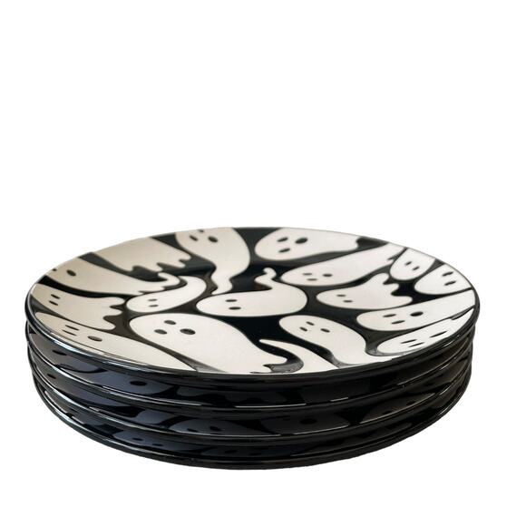 ELUM HOME Spooky Halloween Ghost Appetizer Plates Set of 4 Black & Cream NIB - Picture 7 of 13